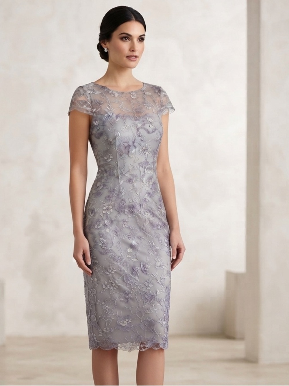 Alex Evenings Lavender and Gray Floral Lace Midi Dress